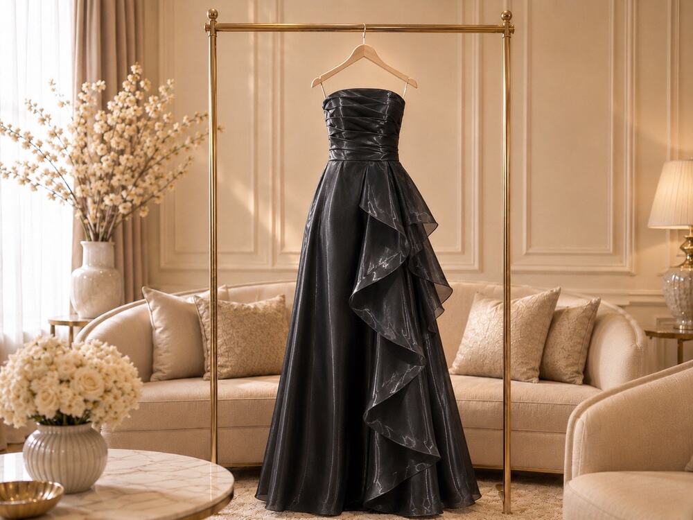 Azazie Manon Black Formal Gown NWT Size 4 Side Ruffle Floor Length Black Tie